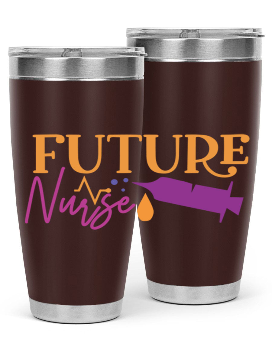Future Nurse Style 382# tumbler in stainless steel with a vibrant design, showcasing its double wall vacuum insulation and drink-thru lid.