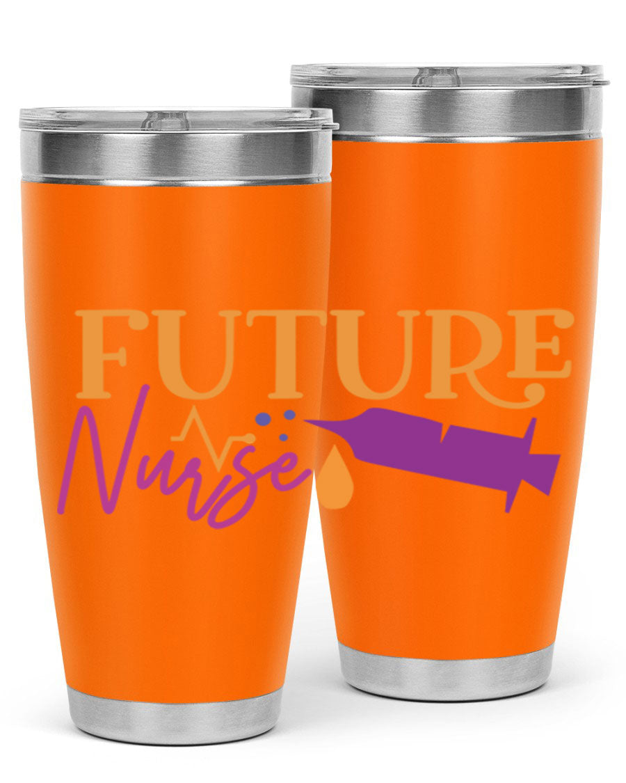 Future Nurse Style 382# tumbler in stainless steel with a vibrant design, showcasing its double wall vacuum insulation and drink-thru lid.
