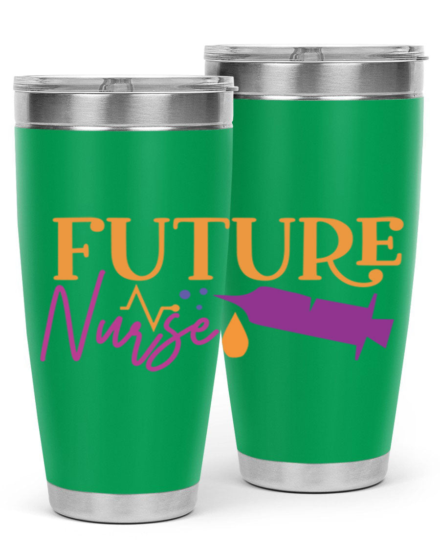 Future Nurse Style 382# tumbler in stainless steel with a vibrant design, showcasing its double wall vacuum insulation and drink-thru lid.