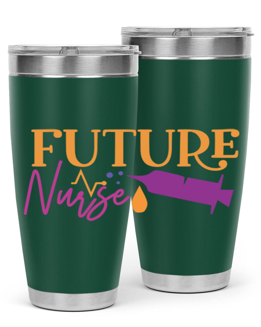 Future Nurse Style 382# tumbler in stainless steel with a vibrant design, showcasing its double wall vacuum insulation and drink-thru lid.