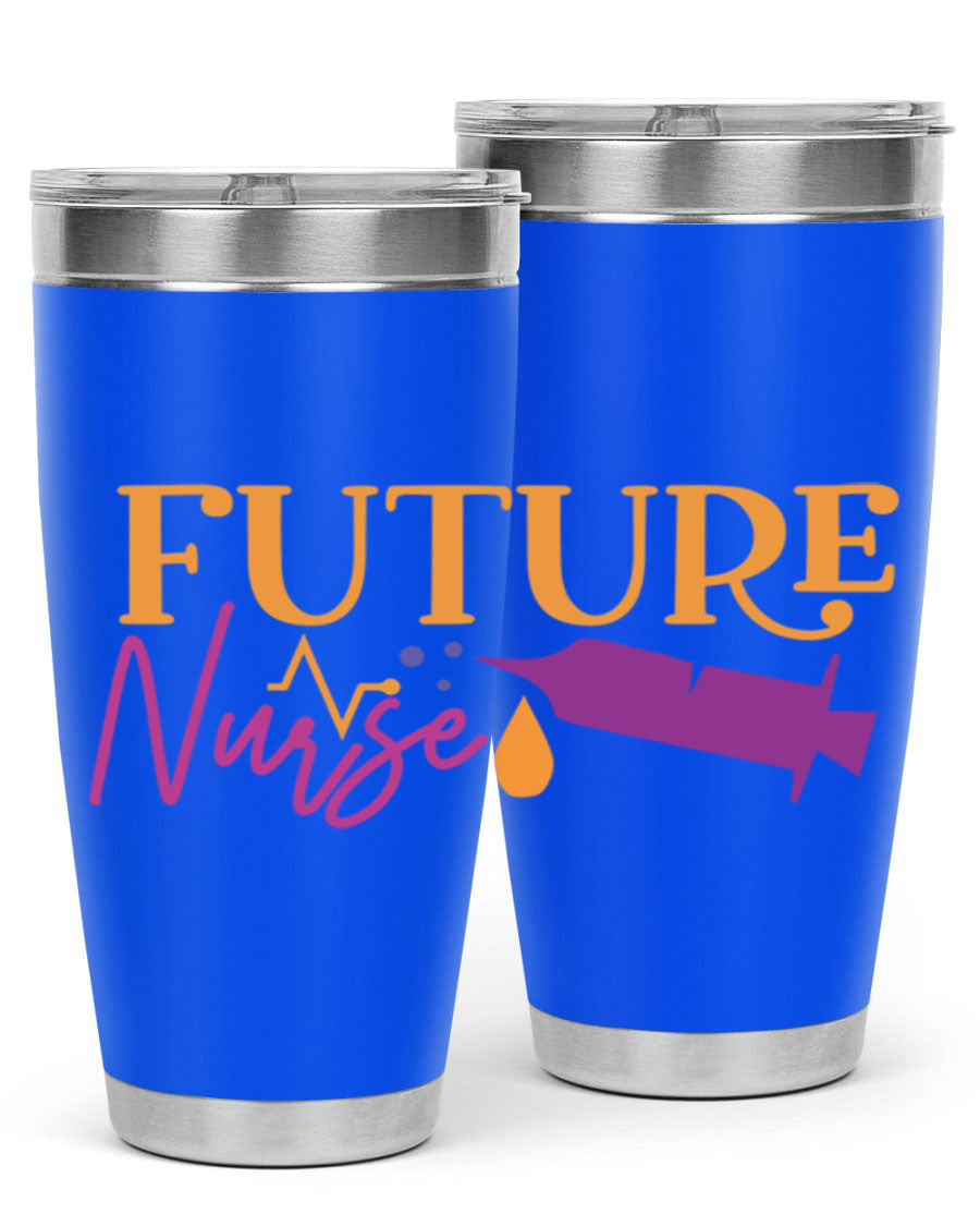 Future Nurse Style 382# tumbler in stainless steel with a vibrant design, showcasing its double wall vacuum insulation and drink-thru lid.