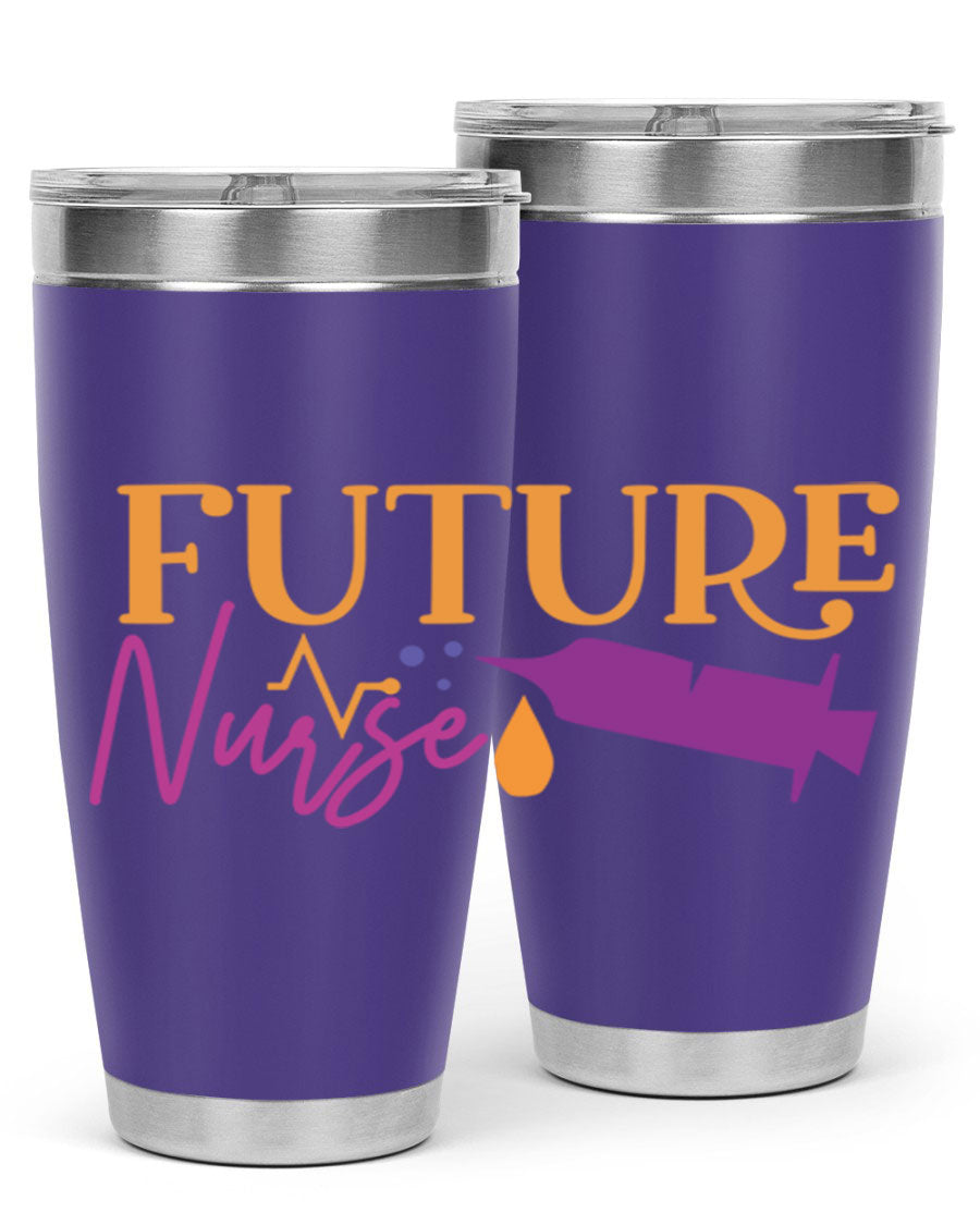 Future Nurse Style 382# tumbler in stainless steel with a vibrant design, showcasing its double wall vacuum insulation and drink-thru lid.