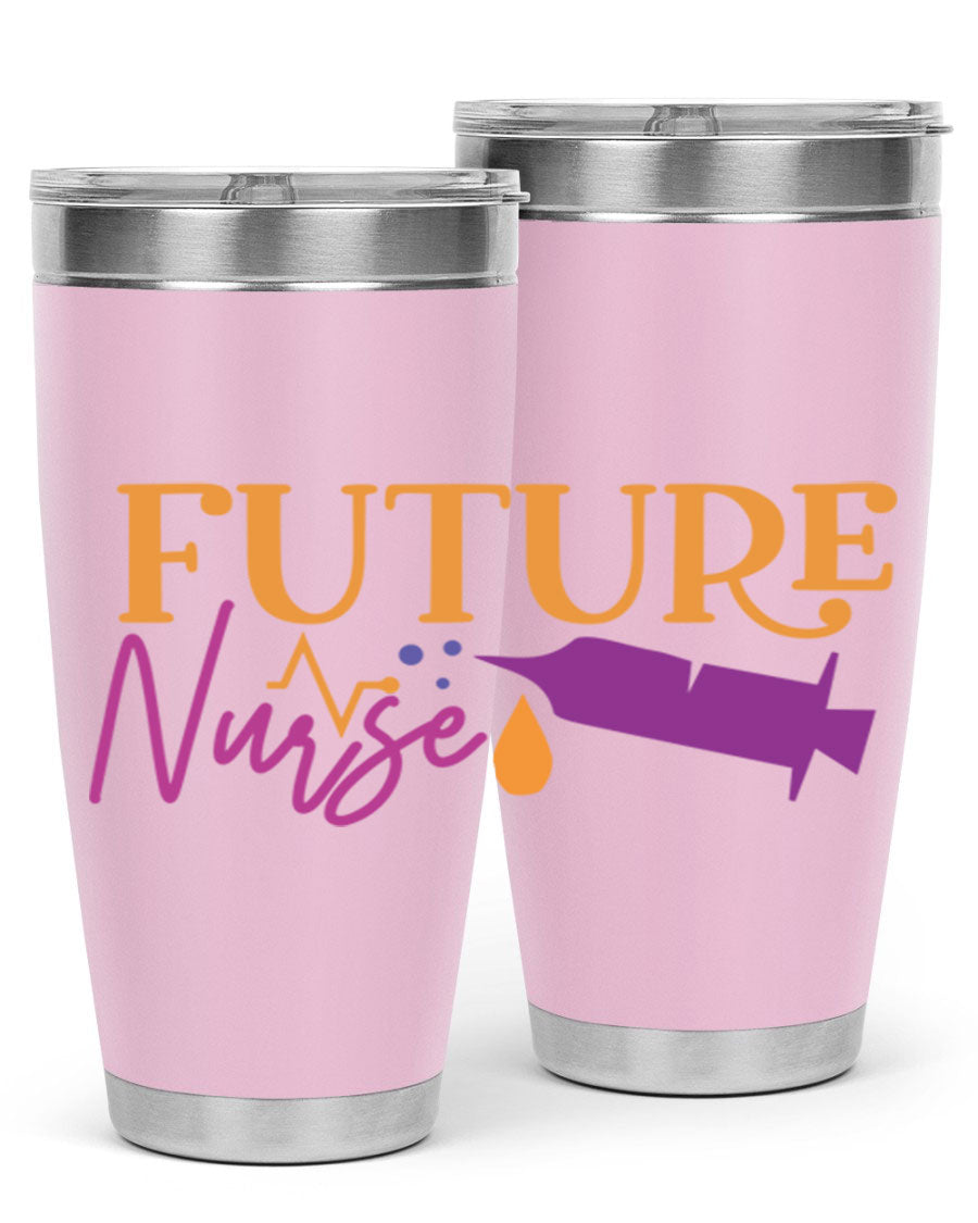 Future Nurse Style 382# tumbler in stainless steel with a vibrant design, showcasing its double wall vacuum insulation and drink-thru lid.