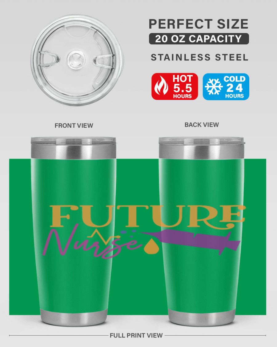 Future Nurse Style 382# tumbler in stainless steel with a vibrant design, showcasing its double wall vacuum insulation and drink-thru lid.