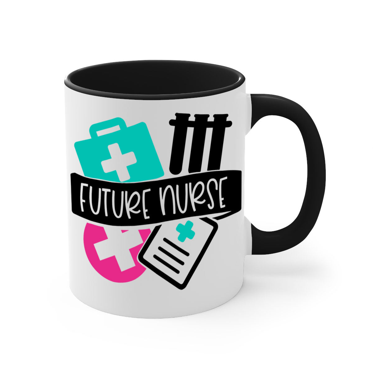 Future Nurse Style 181# Mug featuring a glossy finish, colored handle, and interior, available in multiple colors and sizes.