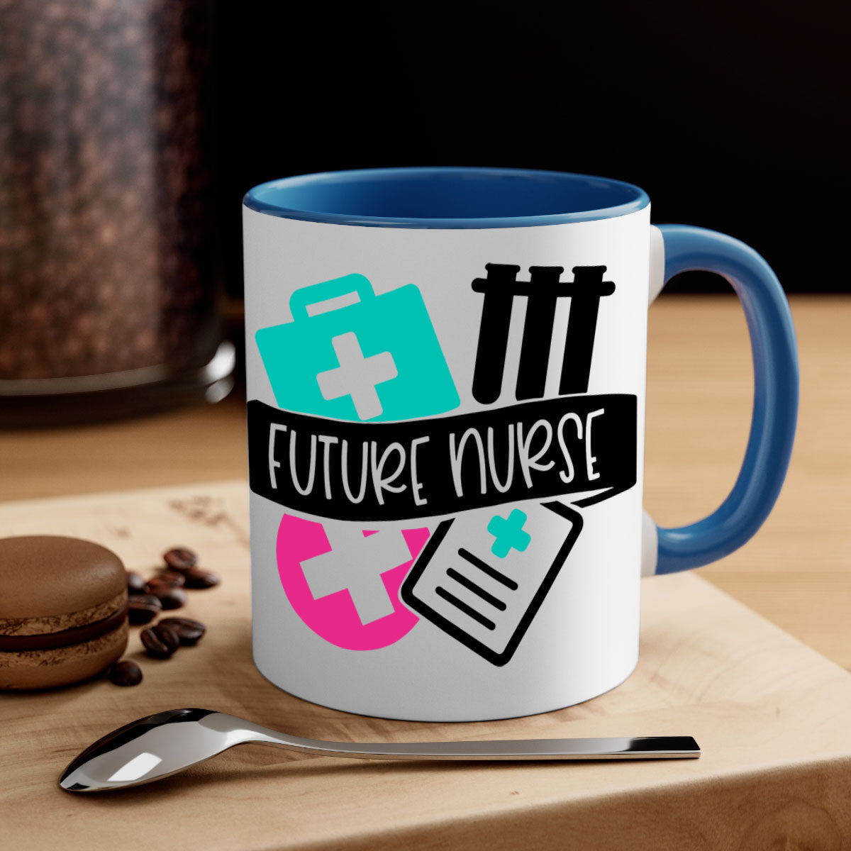 Future Nurse Style 181# Mug featuring a glossy finish, colored handle, and interior, available in multiple colors and sizes.