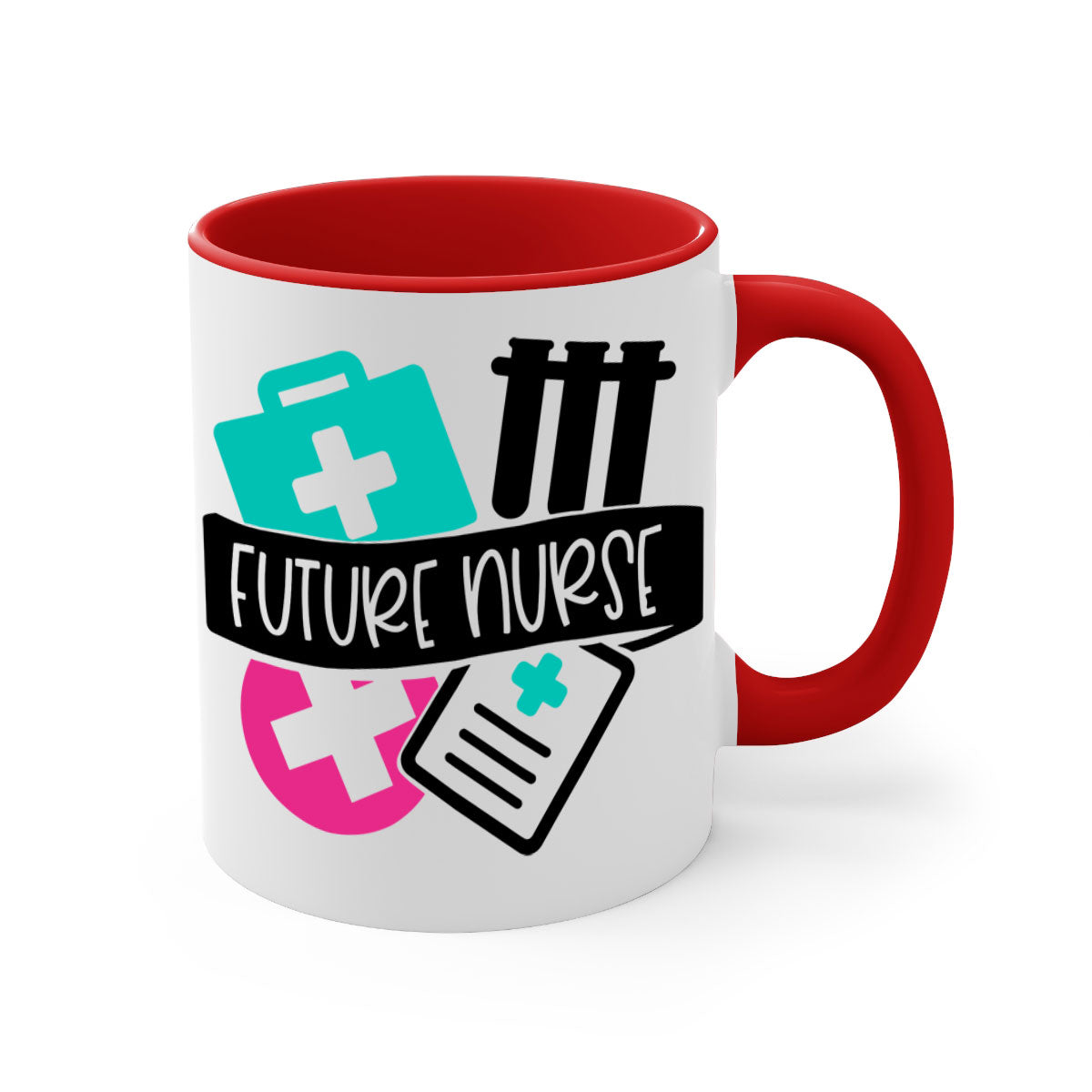 Future Nurse Style 181# Mug featuring a glossy finish, colored handle, and interior, available in multiple colors and sizes.