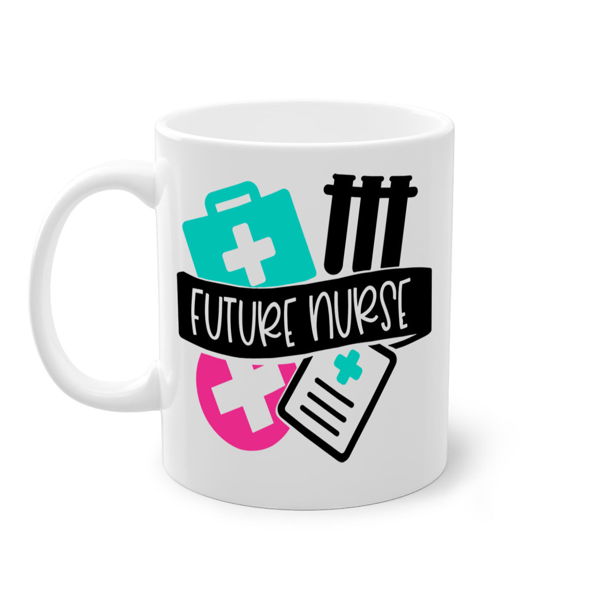 Future Nurse Style 181# Mug featuring a glossy finish, colored handle, and interior, available in multiple colors and sizes.
