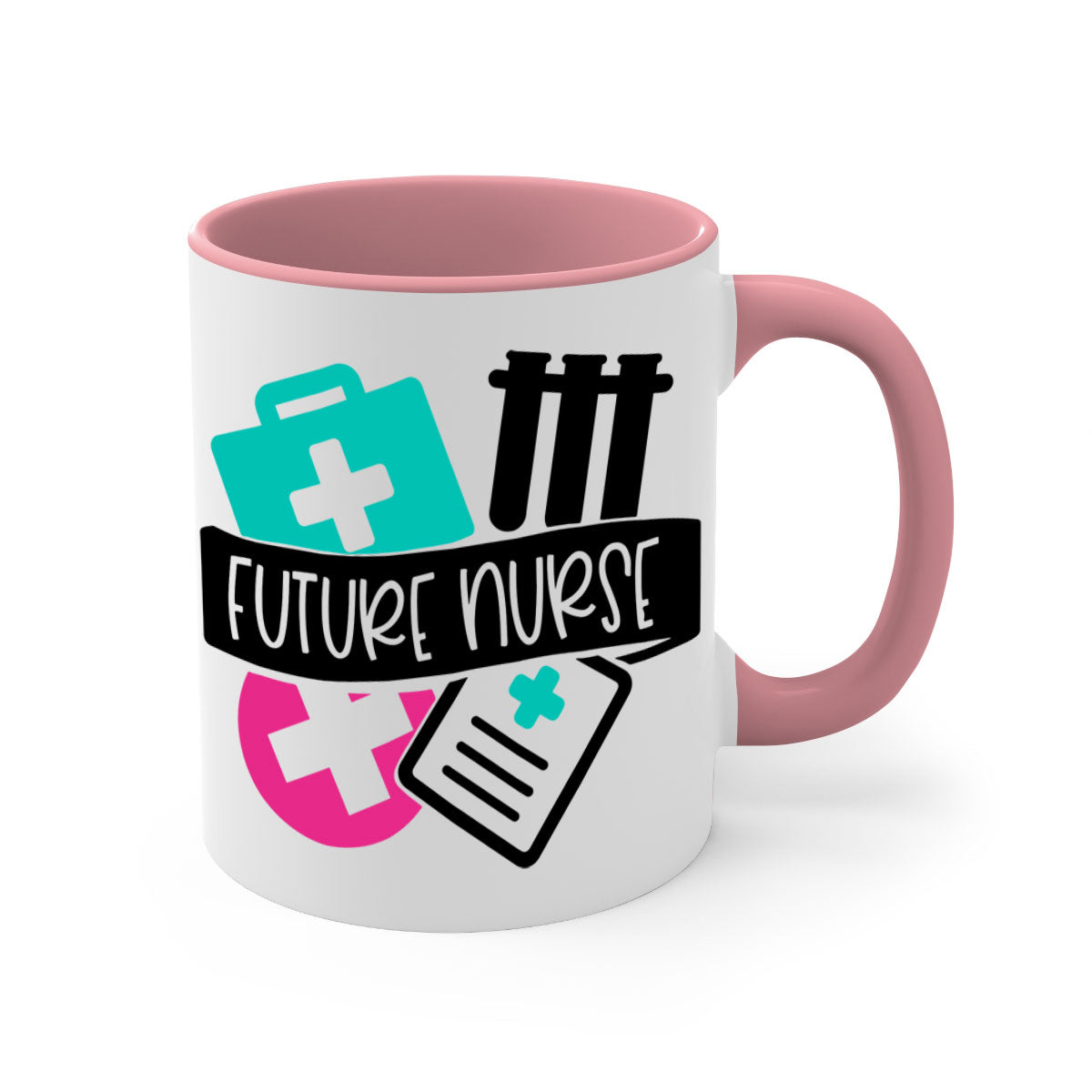 Future Nurse Style 181# Mug featuring a glossy finish, colored handle, and interior, available in multiple colors and sizes.
