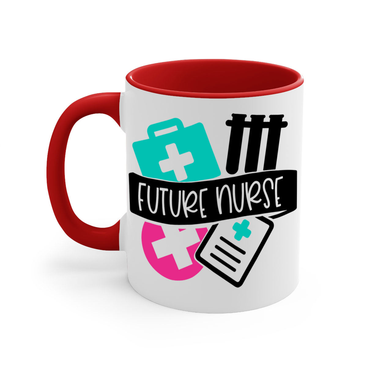 Future Nurse Style 181# Mug featuring a glossy finish, colored handle, and interior, available in multiple colors and sizes.