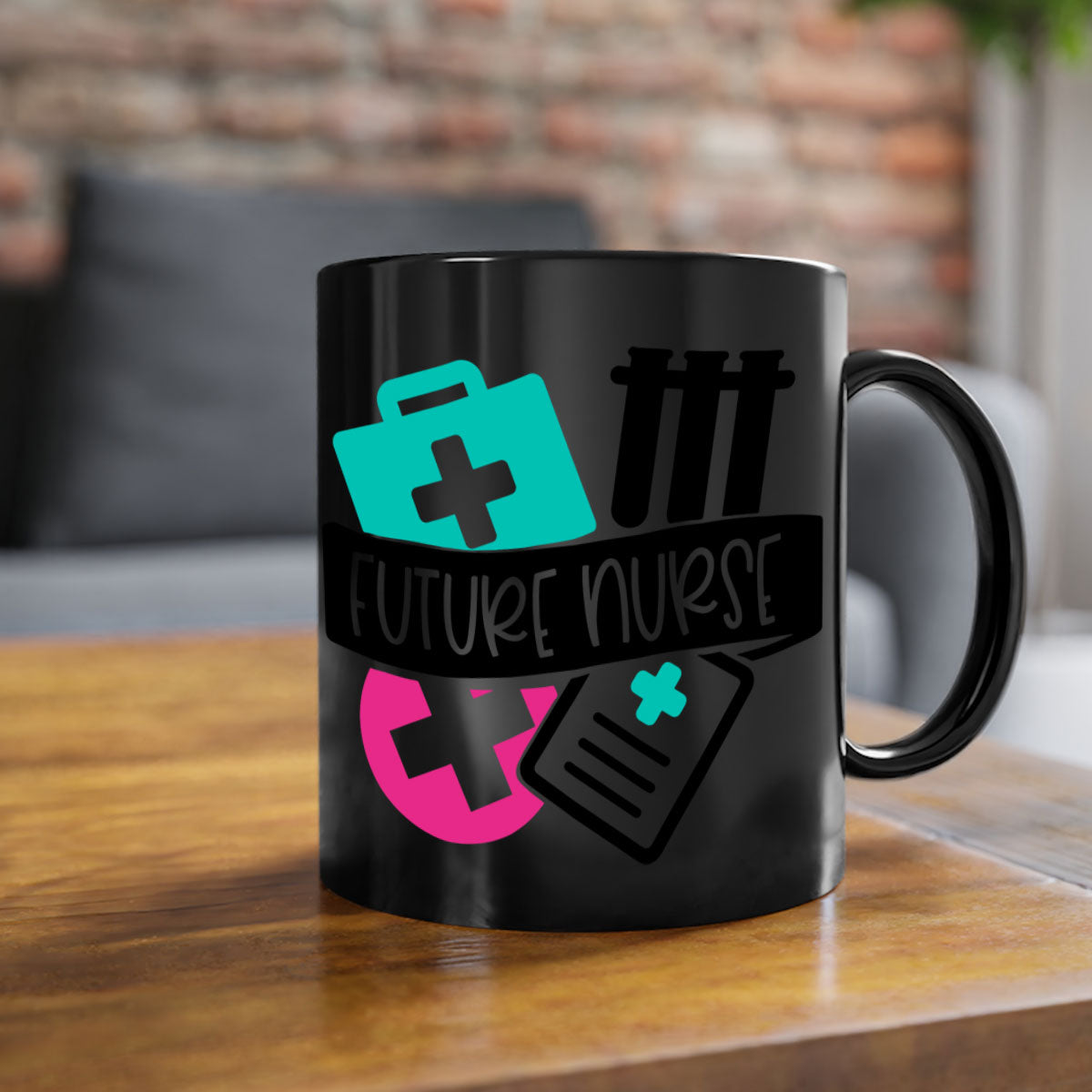 Future Nurse Style 181# Mug featuring a glossy finish, colored handle, and interior, available in multiple colors and sizes.