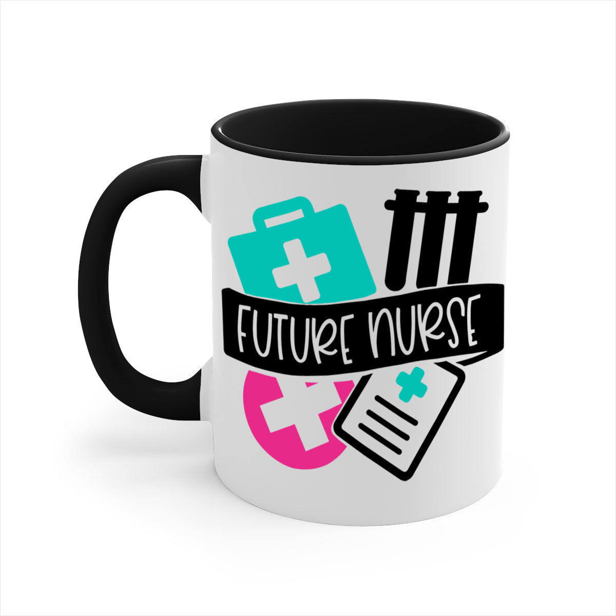Future Nurse Style 181# Mug featuring a glossy finish, colored handle, and interior, available in multiple colors and sizes.