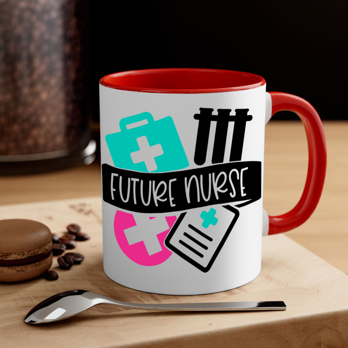 Future Nurse Style 181# Mug featuring a glossy finish, colored handle, and interior, available in multiple colors and sizes.