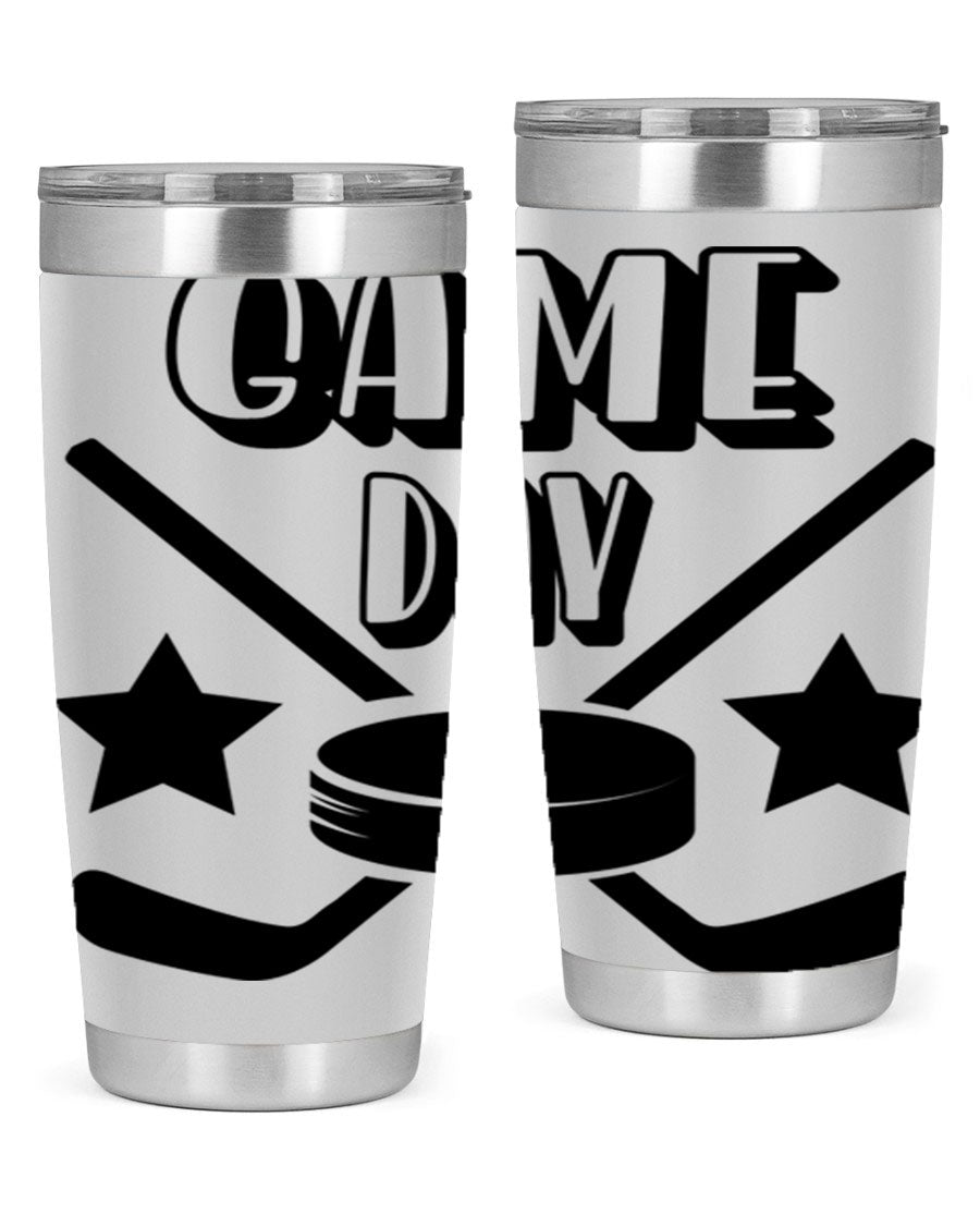 Game Day 1220# hockey tumbler in stainless steel with a drink-thru lid, showcasing its sleek design and double wall vacuum insulation.