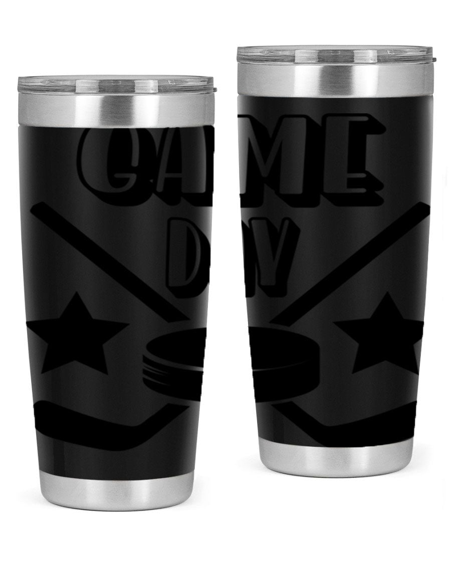 Game Day 1220# hockey tumbler in stainless steel with a drink-thru lid, showcasing its sleek design and double wall vacuum insulation.