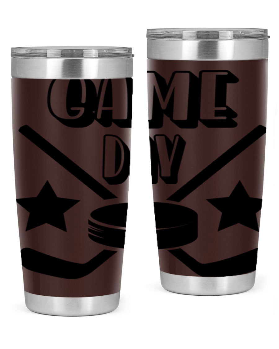 Game Day 1220# hockey tumbler in stainless steel with a drink-thru lid, showcasing its sleek design and double wall vacuum insulation.