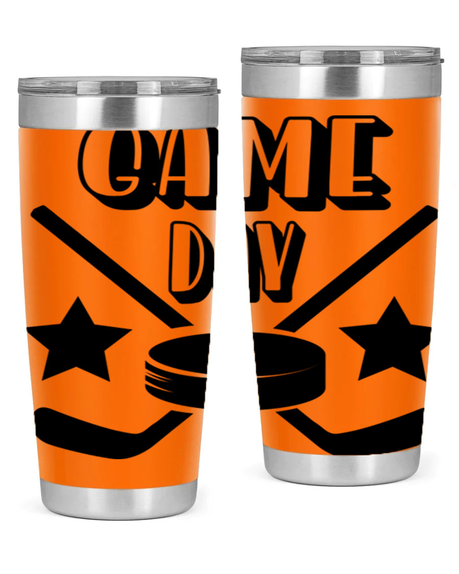 Game Day 1220# hockey tumbler in stainless steel with a drink-thru lid, showcasing its sleek design and double wall vacuum insulation.