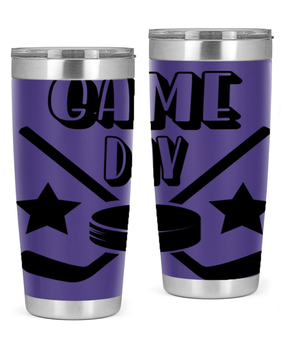 Game Day 1220# hockey tumbler in stainless steel with a drink-thru lid, showcasing its sleek design and double wall vacuum insulation.