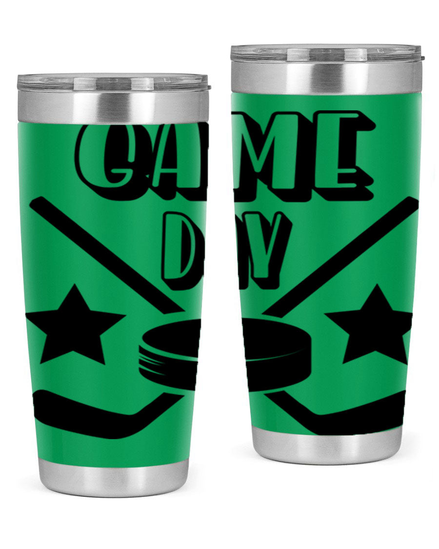Game Day 1220# hockey tumbler in stainless steel with a drink-thru lid, showcasing its sleek design and double wall vacuum insulation.