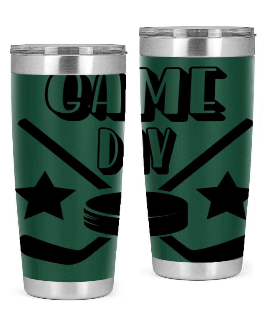 Game Day 1220# hockey tumbler in stainless steel with a drink-thru lid, showcasing its sleek design and double wall vacuum insulation.
