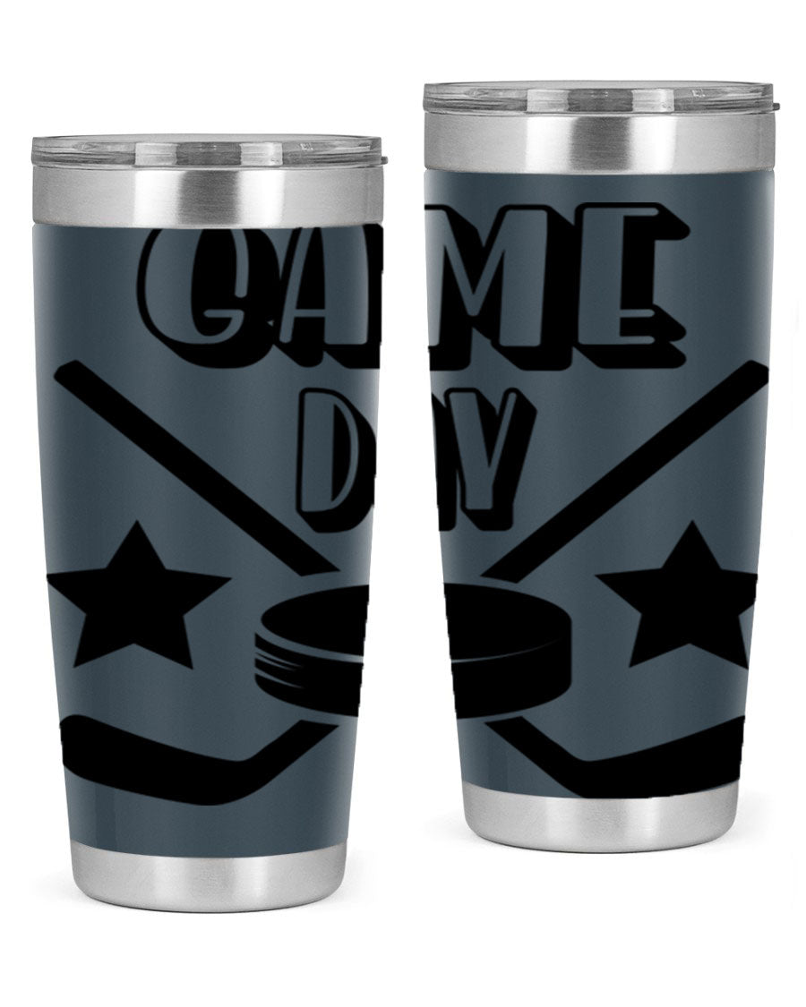 Game Day 1220# hockey tumbler in stainless steel with a drink-thru lid, showcasing its sleek design and double wall vacuum insulation.