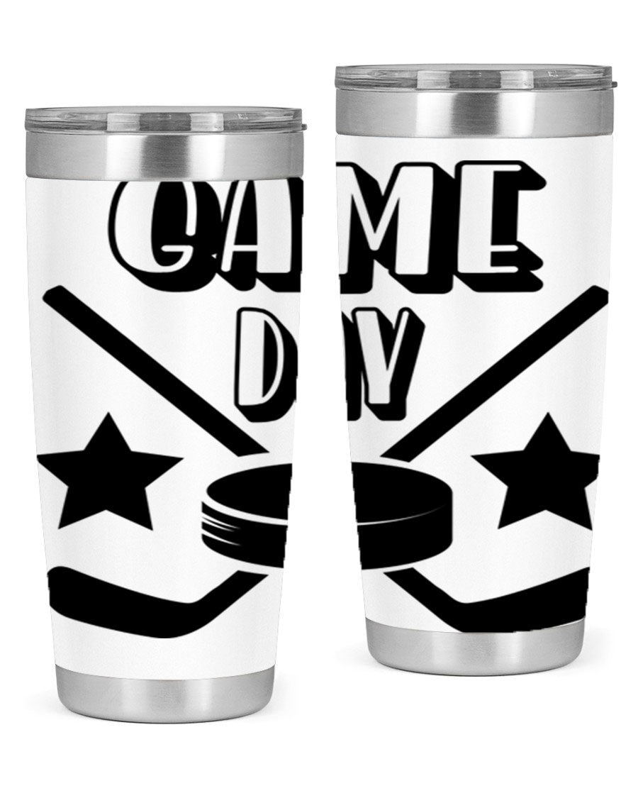Game Day 1220# hockey tumbler in stainless steel with a drink-thru lid, showcasing its sleek design and double wall vacuum insulation.