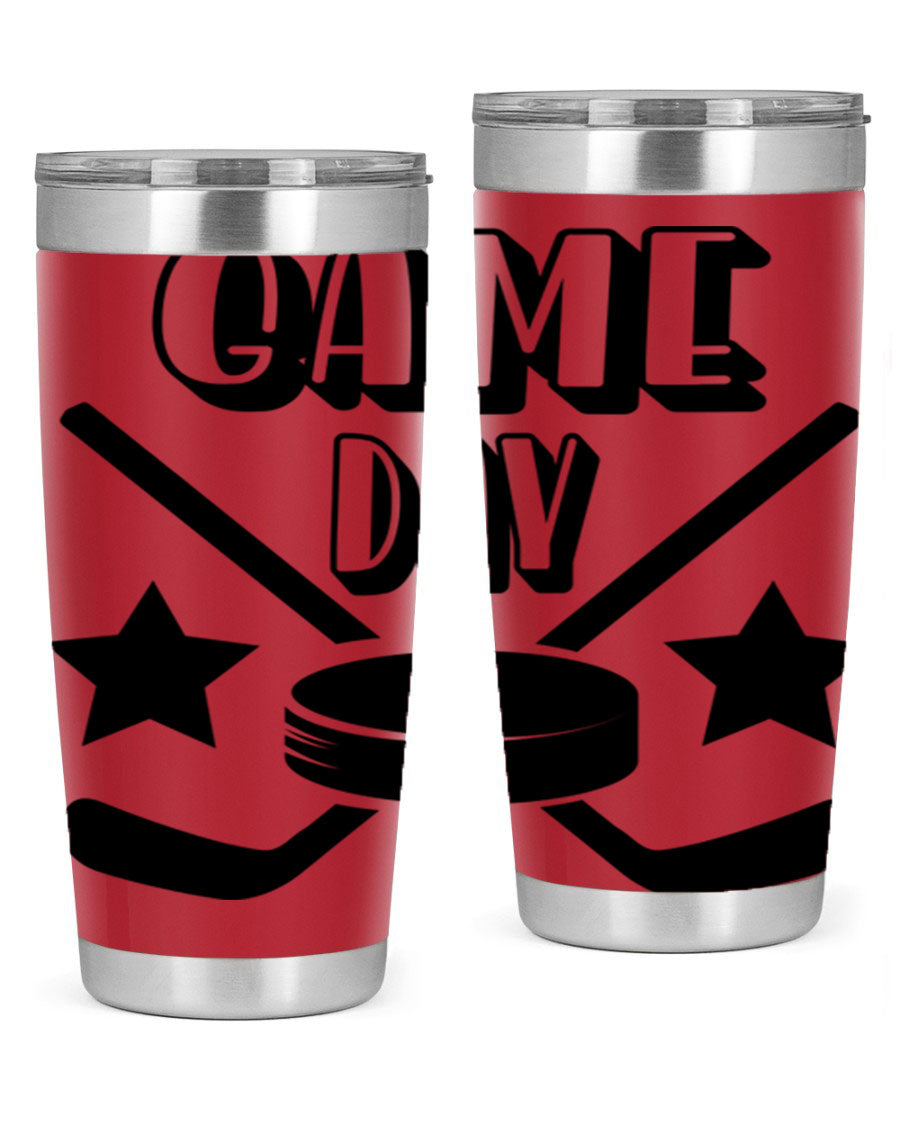 Game Day 1220# hockey tumbler in stainless steel with a drink-thru lid, showcasing its sleek design and double wall vacuum insulation.