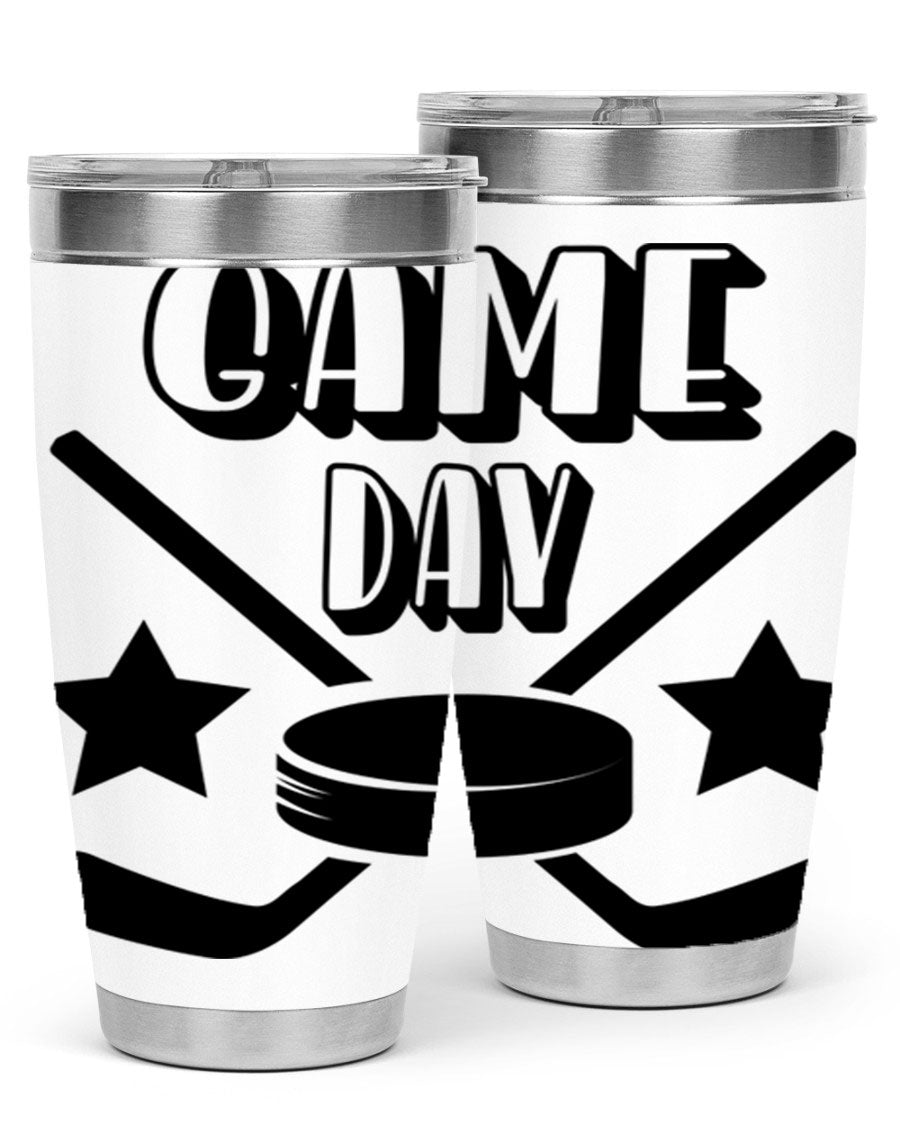 Game Day 1220# hockey tumbler in stainless steel with a drink-thru lid, showcasing its sleek design and double wall vacuum insulation.