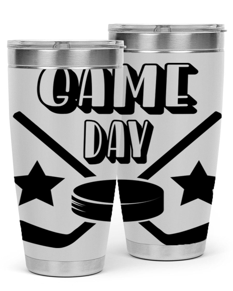 Game Day 1220# hockey tumbler in stainless steel with a drink-thru lid, showcasing its sleek design and double wall vacuum insulation.