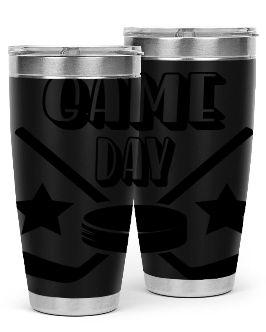 Game Day 1220# hockey tumbler in stainless steel with a drink-thru lid, showcasing its sleek design and double wall vacuum insulation.