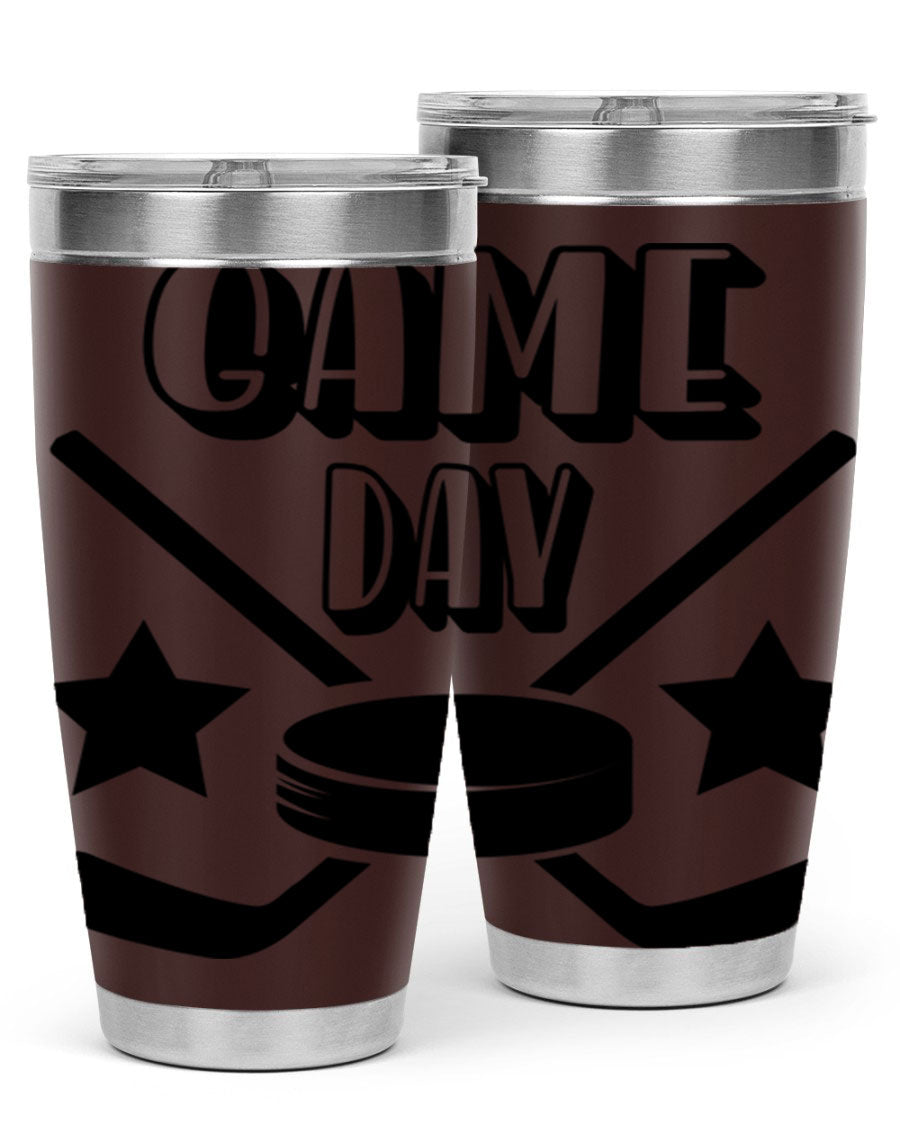 Game Day 1220# hockey tumbler in stainless steel with a drink-thru lid, showcasing its sleek design and double wall vacuum insulation.