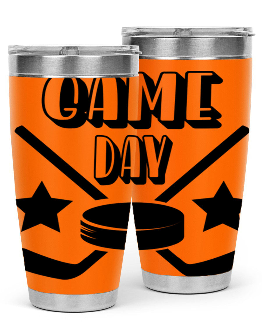 Game Day 1220# hockey tumbler in stainless steel with a drink-thru lid, showcasing its sleek design and double wall vacuum insulation.