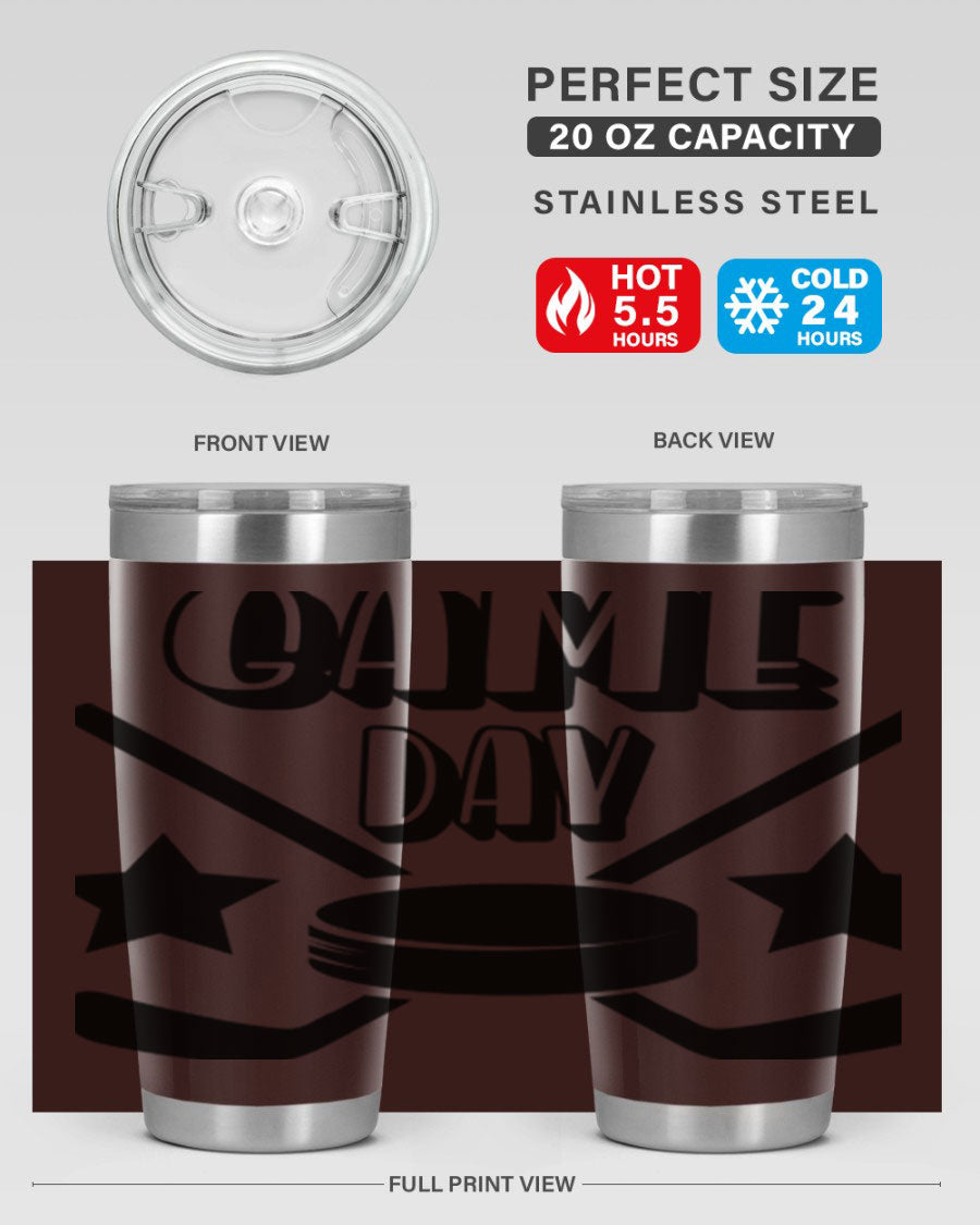 Game Day 1220# hockey tumbler in stainless steel with a drink-thru lid, showcasing its sleek design and double wall vacuum insulation.