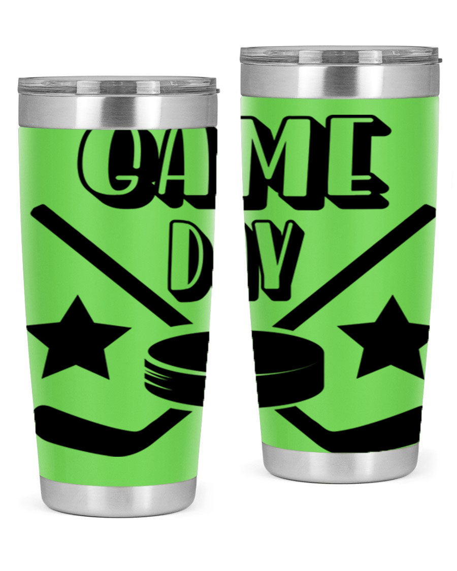 Game Day 1220# hockey tumbler in stainless steel with a drink-thru lid, showcasing its sleek design and double wall vacuum insulation.