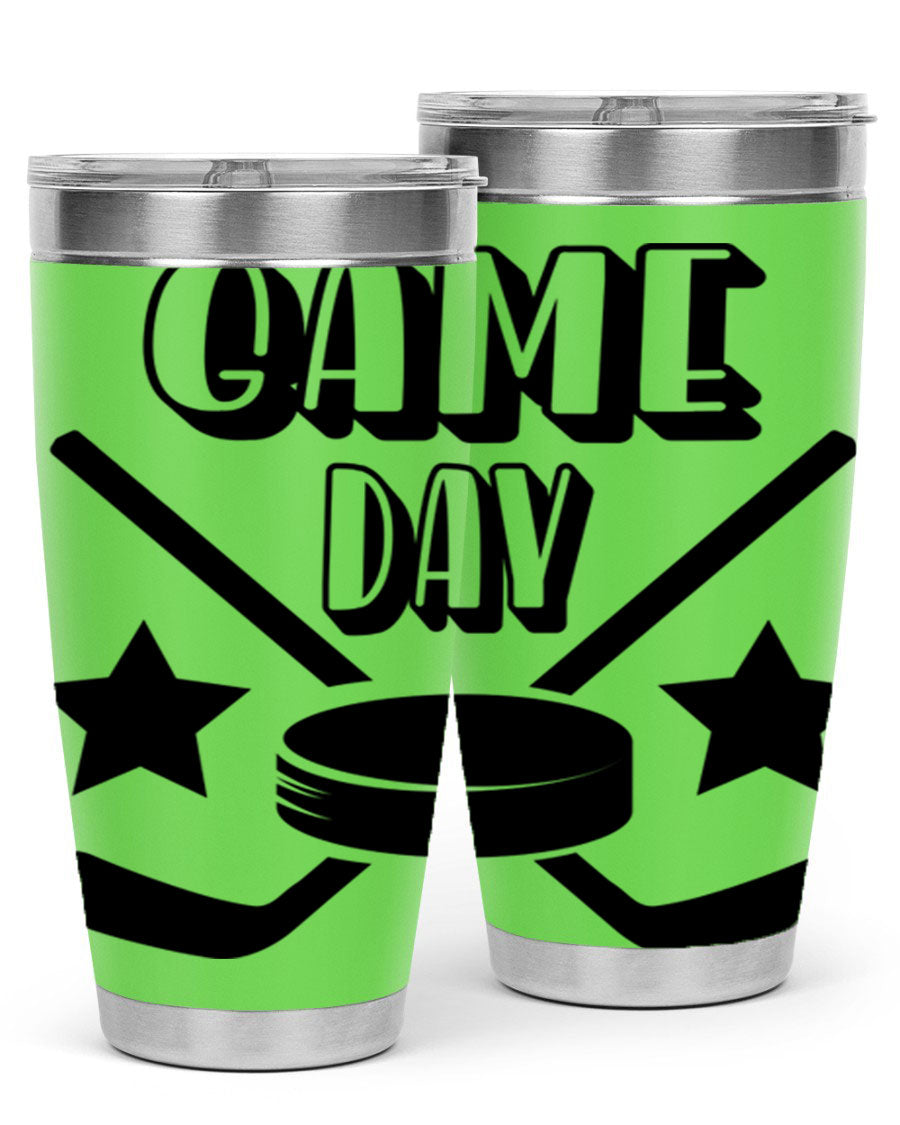 Game Day 1220# hockey tumbler in stainless steel with a drink-thru lid, showcasing its sleek design and double wall vacuum insulation.