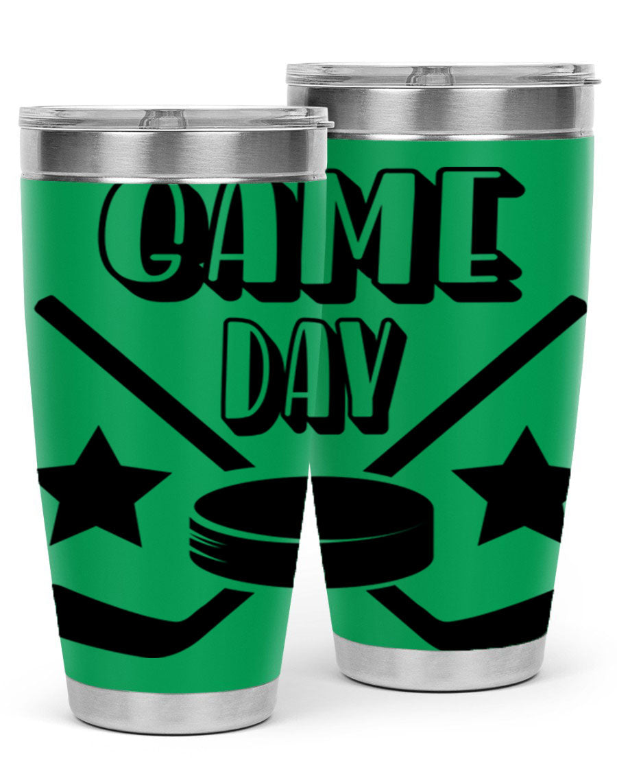 Game Day 1220# hockey tumbler in stainless steel with a drink-thru lid, showcasing its sleek design and double wall vacuum insulation.