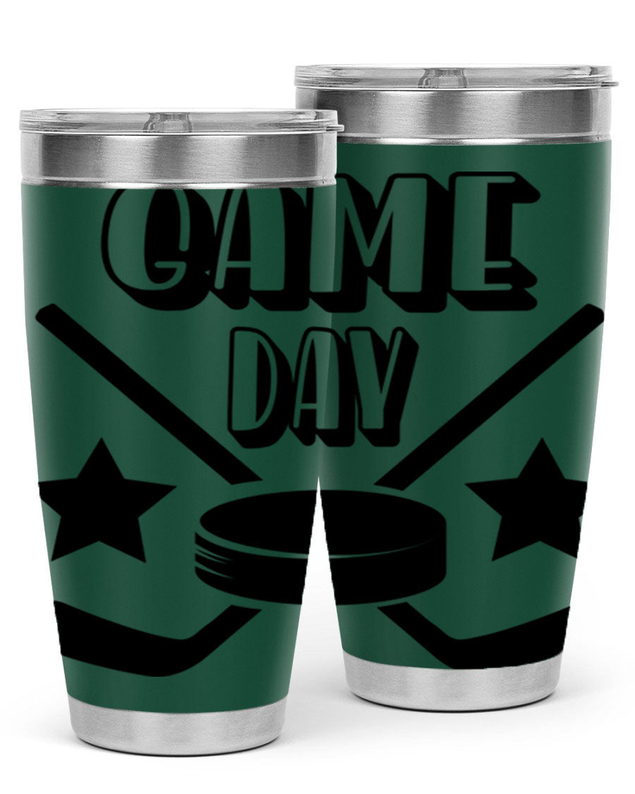 Game Day 1220# hockey tumbler in stainless steel with a drink-thru lid, showcasing its sleek design and double wall vacuum insulation.