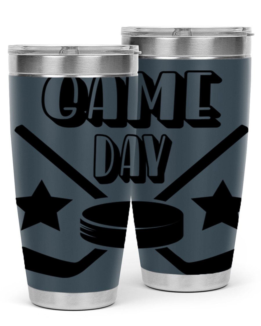 Game Day 1220# hockey tumbler in stainless steel with a drink-thru lid, showcasing its sleek design and double wall vacuum insulation.