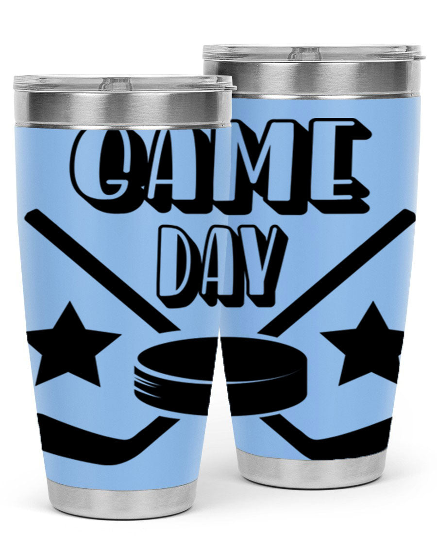 Game Day 1220# hockey tumbler in stainless steel with a drink-thru lid, showcasing its sleek design and double wall vacuum insulation.