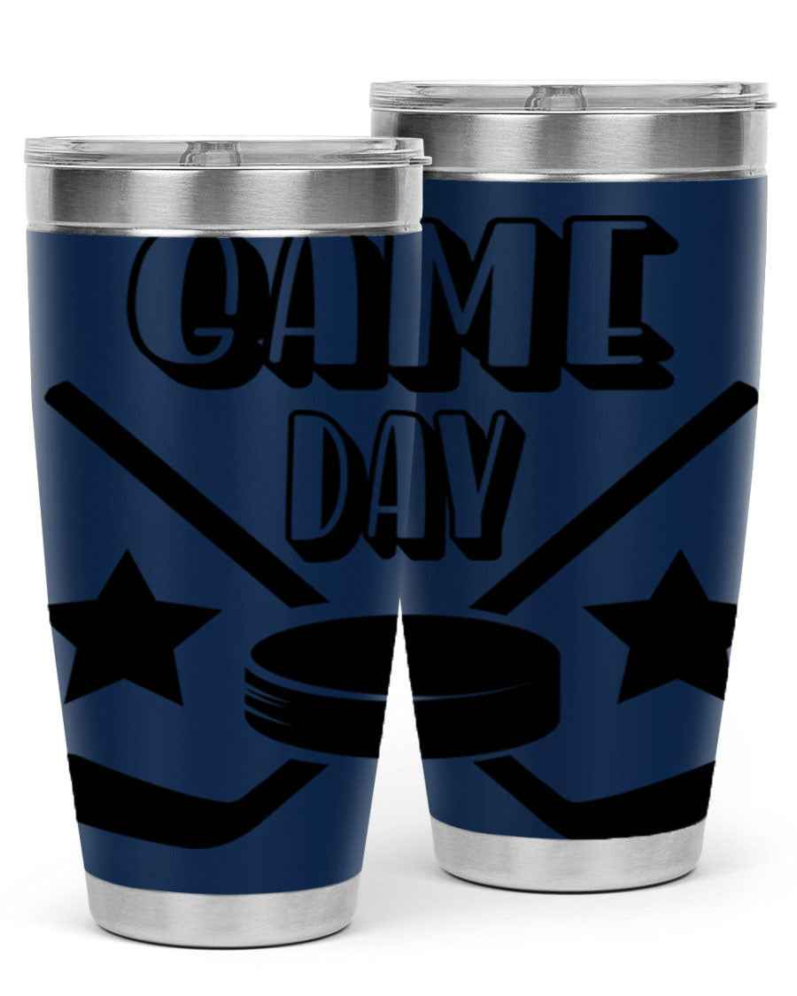 Game Day 1220# hockey tumbler in stainless steel with a drink-thru lid, showcasing its sleek design and double wall vacuum insulation.