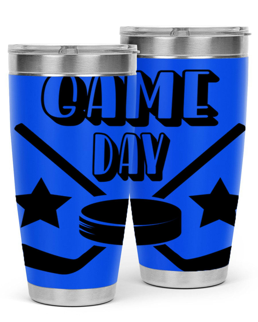 Game Day 1220# hockey tumbler in stainless steel with a drink-thru lid, showcasing its sleek design and double wall vacuum insulation.