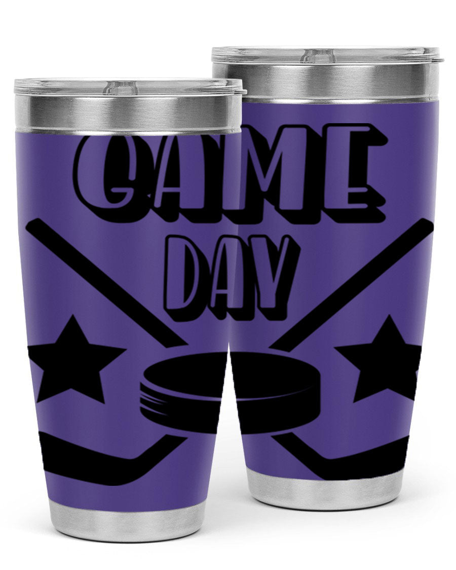 Game Day 1220# hockey tumbler in stainless steel with a drink-thru lid, showcasing its sleek design and double wall vacuum insulation.