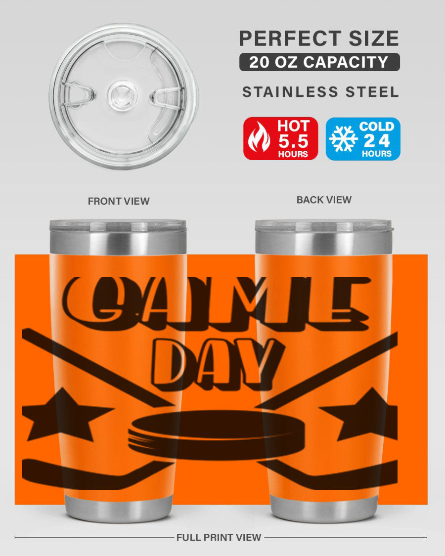 Game Day 1220# hockey tumbler in stainless steel with a drink-thru lid, showcasing its sleek design and double wall vacuum insulation.