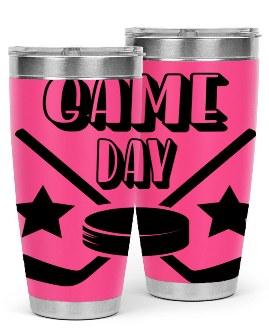 Game Day 1220# hockey tumbler in stainless steel with a drink-thru lid, showcasing its sleek design and double wall vacuum insulation.