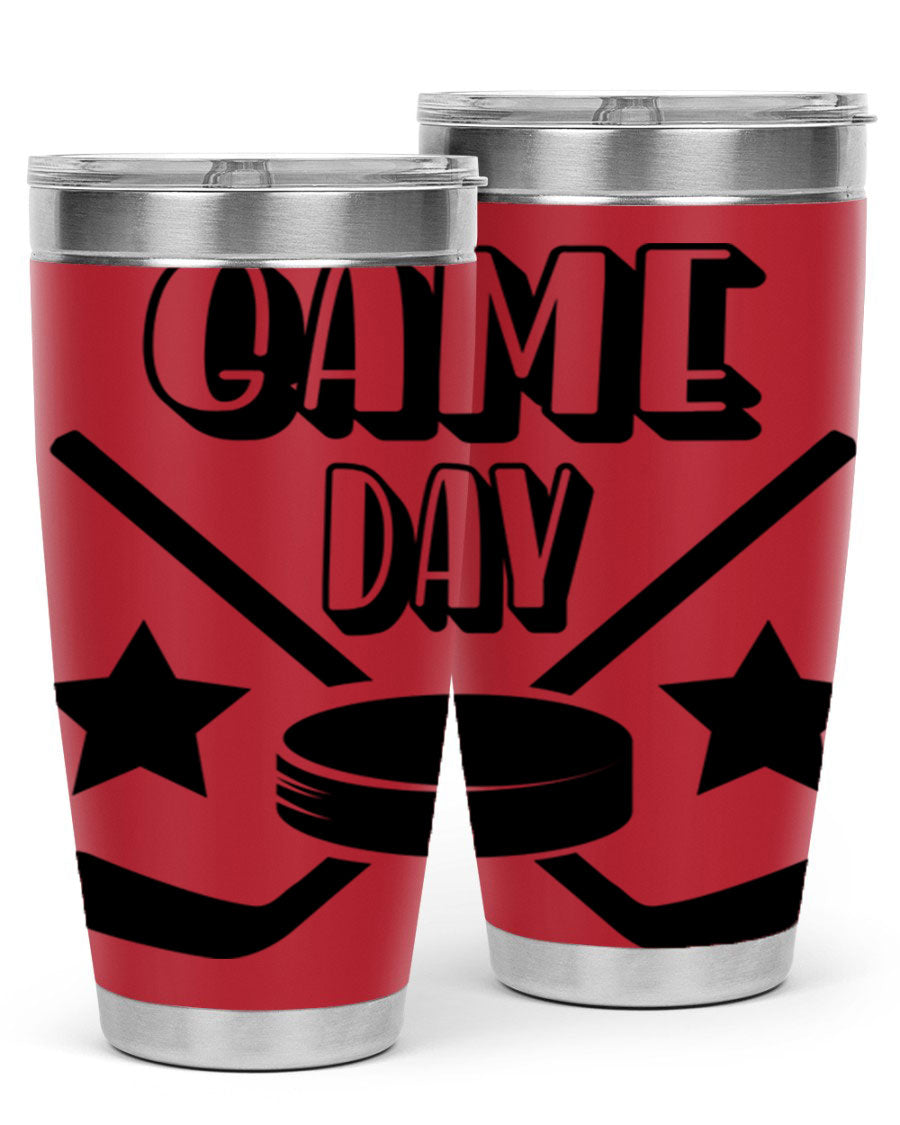 Game Day 1220# hockey tumbler in stainless steel with a drink-thru lid, showcasing its sleek design and double wall vacuum insulation.