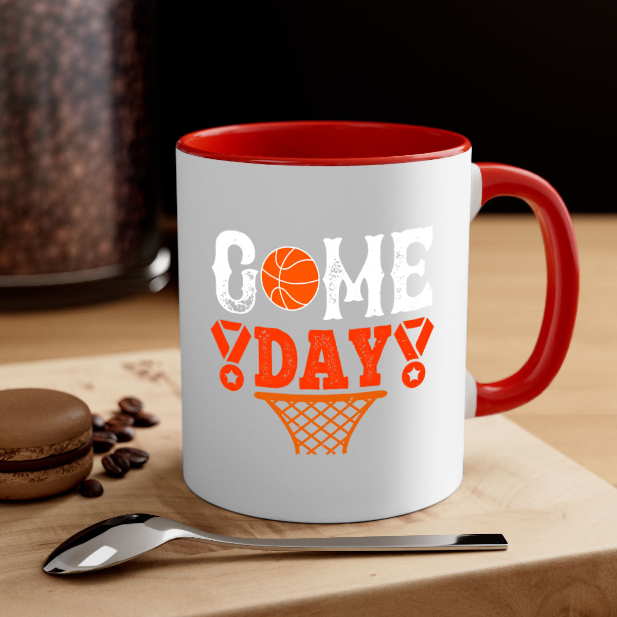 Game Day 1221# Basketball Mug with colorful handle and glossy finish, available in multiple sizes.