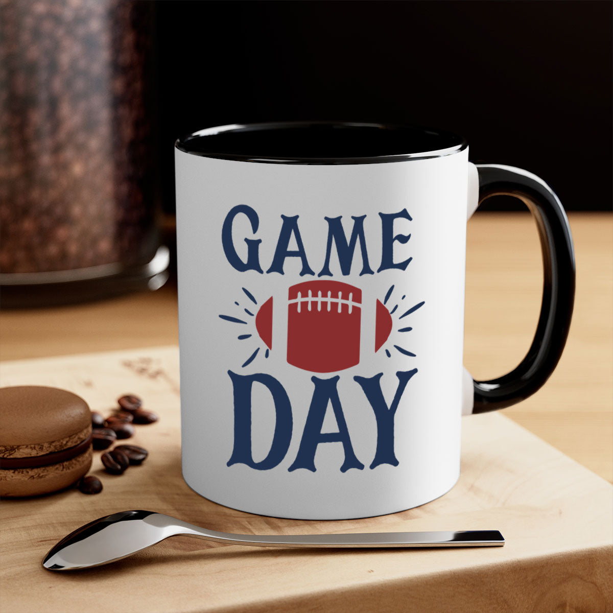 Game day 1540# football mug with a glossy finish and colored handle, available in multiple colors and sizes.
