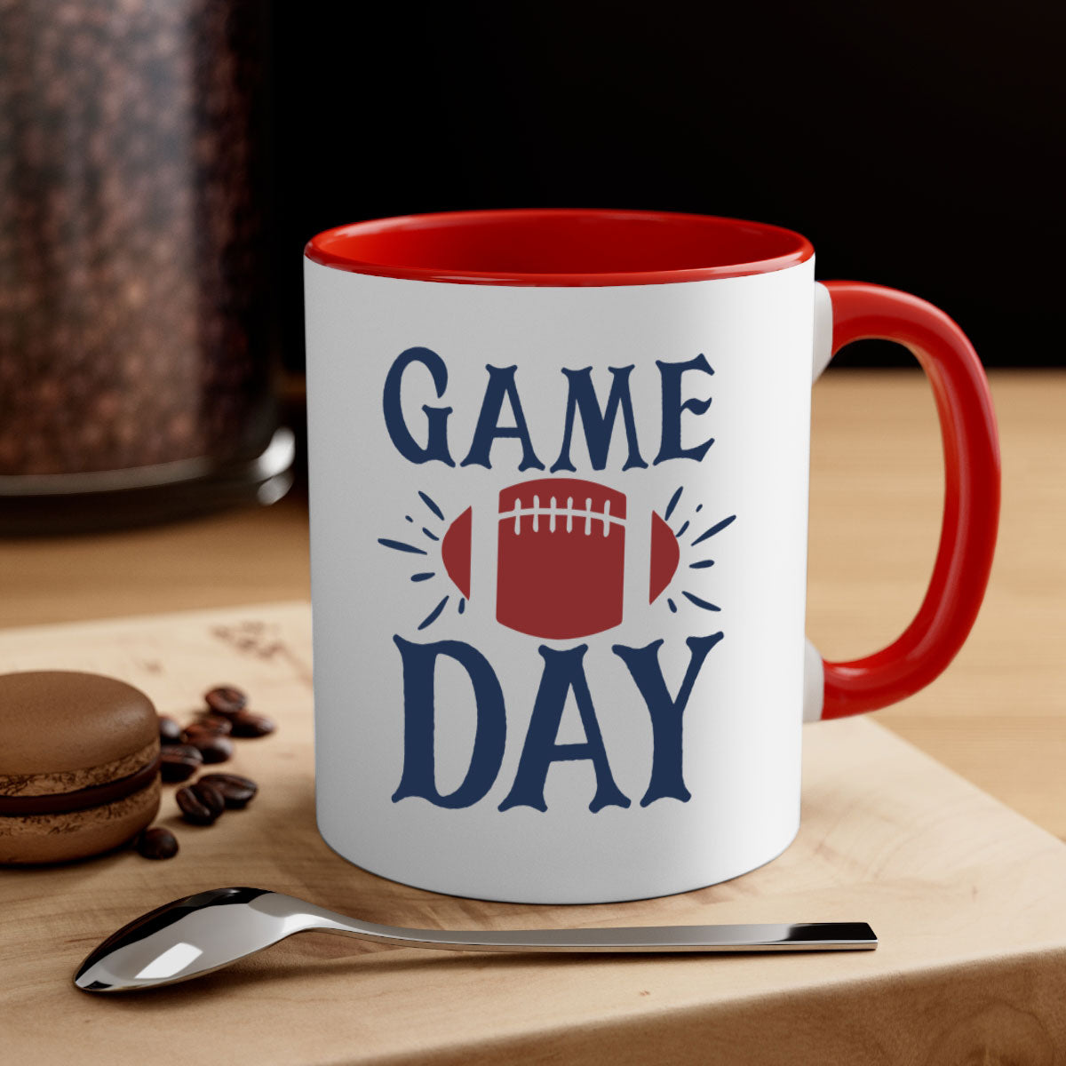Game day 1540# football mug with a glossy finish and colored handle, available in multiple colors and sizes.