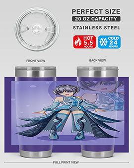 Game of Beautiful Girl140# Anime Tumbler featuring a vibrant design, double wall vacuum stainless steel construction, and a convenient drink-thru lid.
