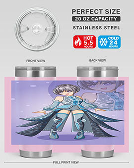 Game of Beautiful Girl140# Anime Tumbler featuring a vibrant design, double wall vacuum stainless steel construction, and a convenient drink-thru lid.